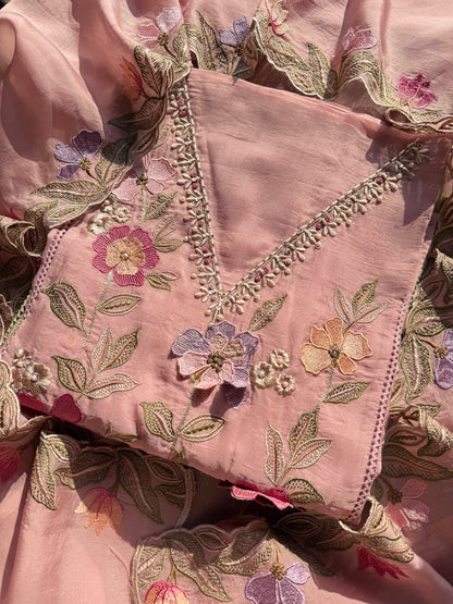 Luxurious organza appliqué work floral suit