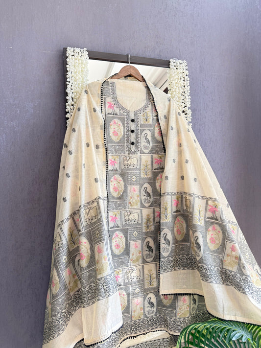 Linen Jamdani flamingos pichwai suit m