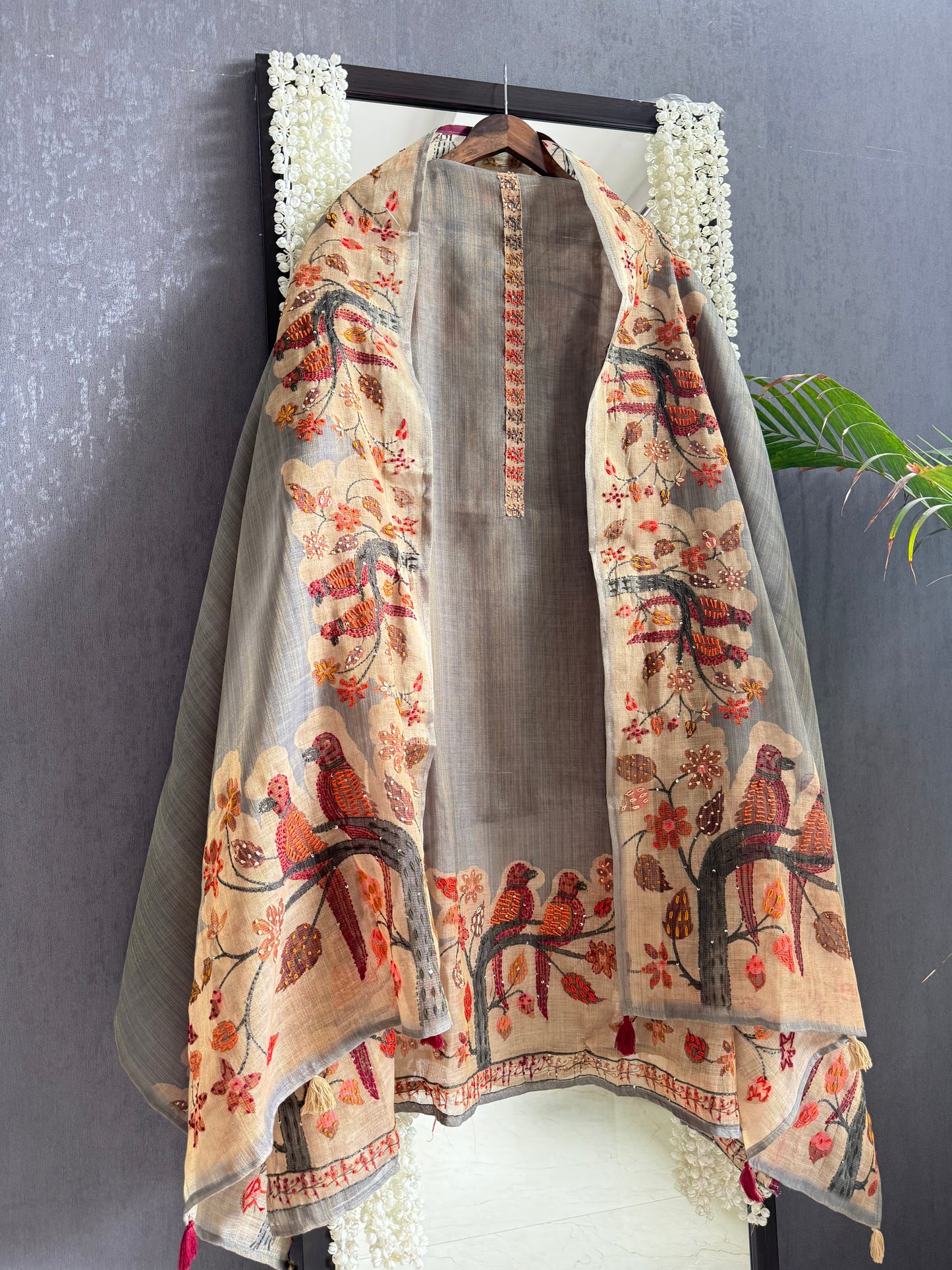 Pure linen bird kantha art handwork suit