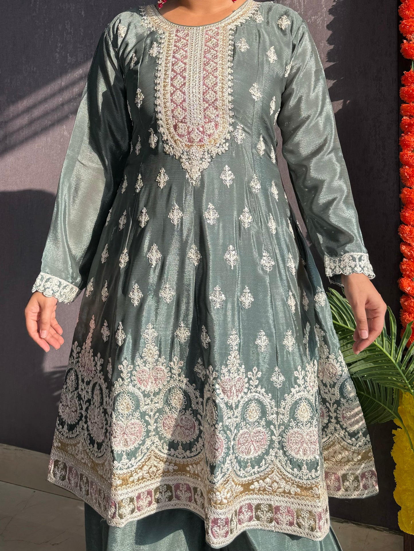 Chinon embroidered Anarkali Sharara suit