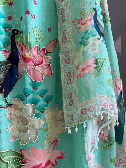 Soft silk peacock hand work suit