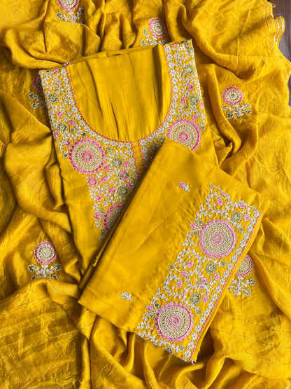 Satin Aari work unstitched suits