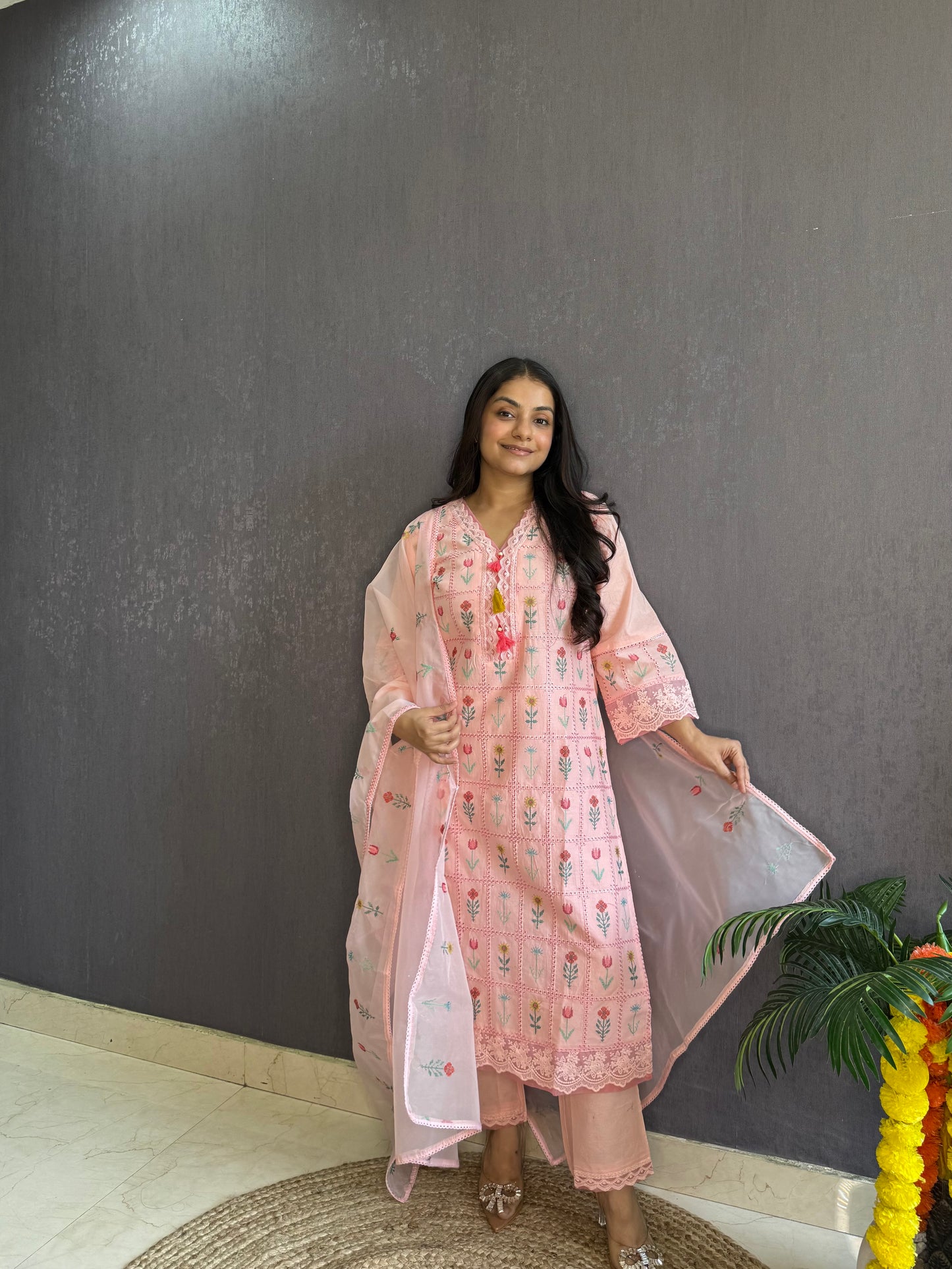 Cotton checked floral designer suit