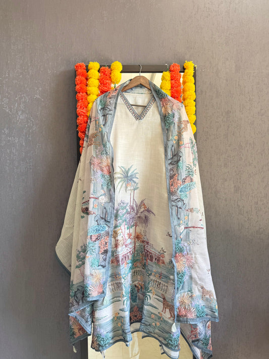 Pure linen frenchknot kantha work suit