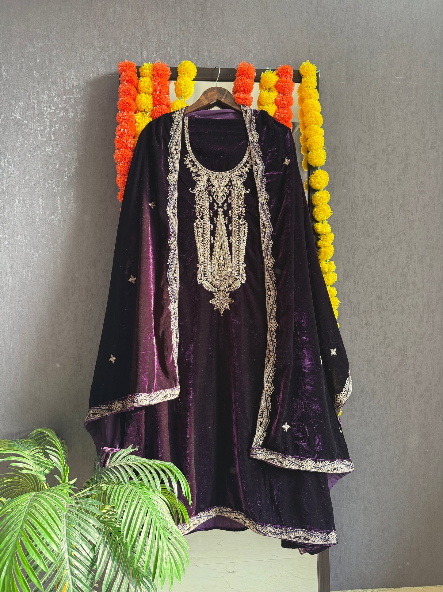 Velvet brocade marori aari work suit