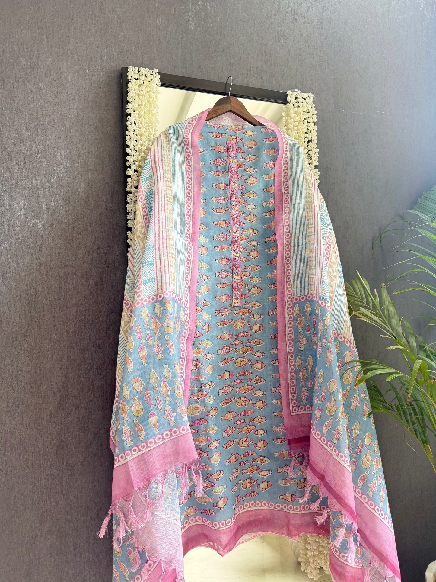 Linen fishes kantha work suit