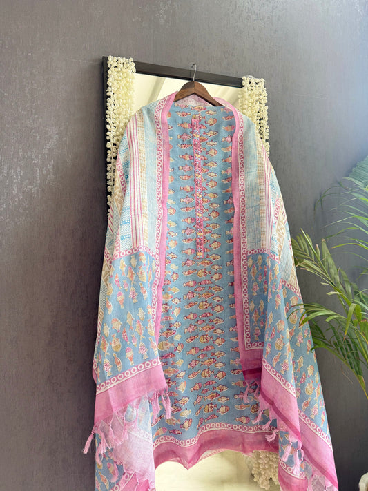 Linen fishes kantha work suit