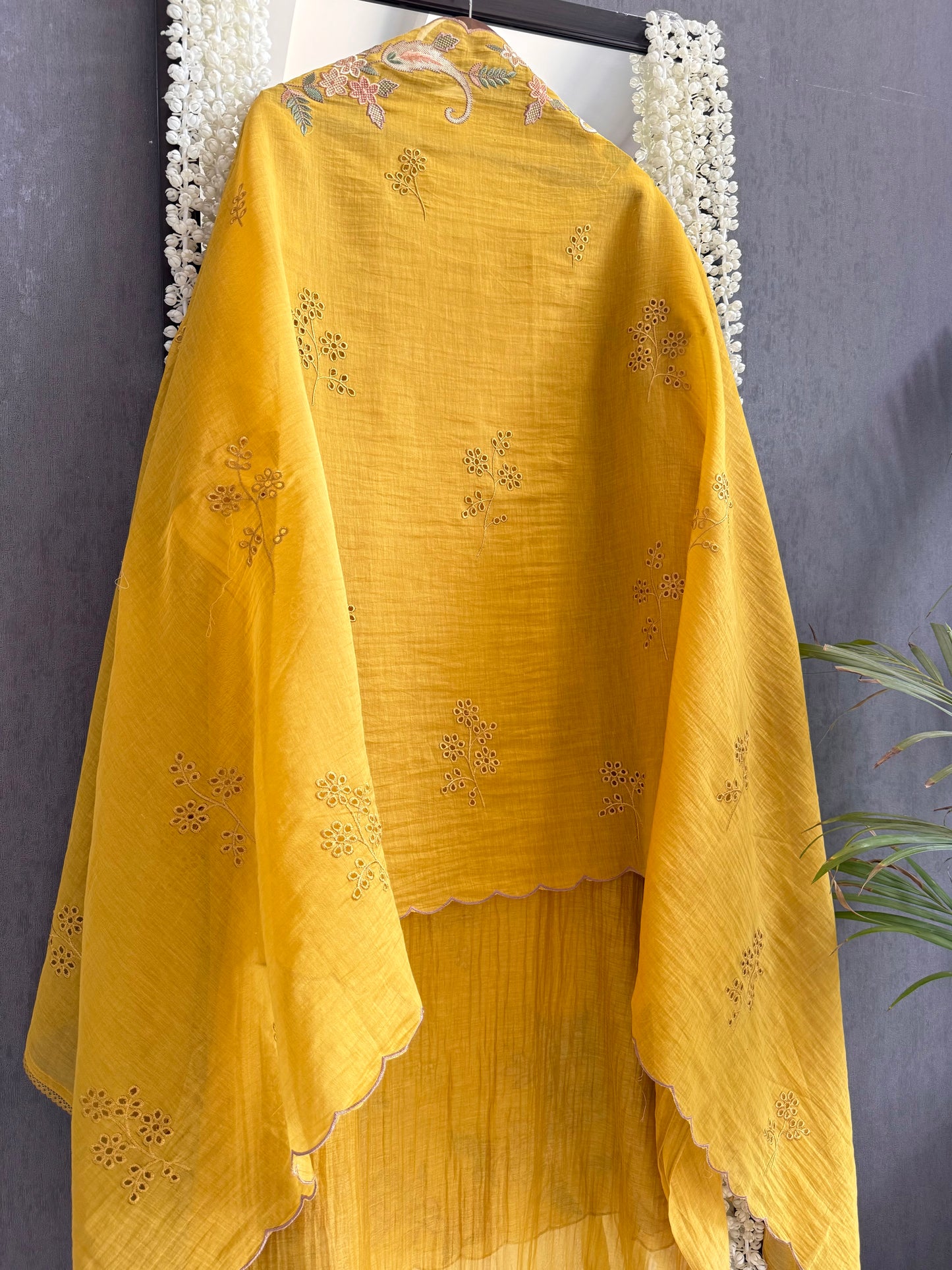 Luxurious Mul chanderi threadwork schiffili suit
