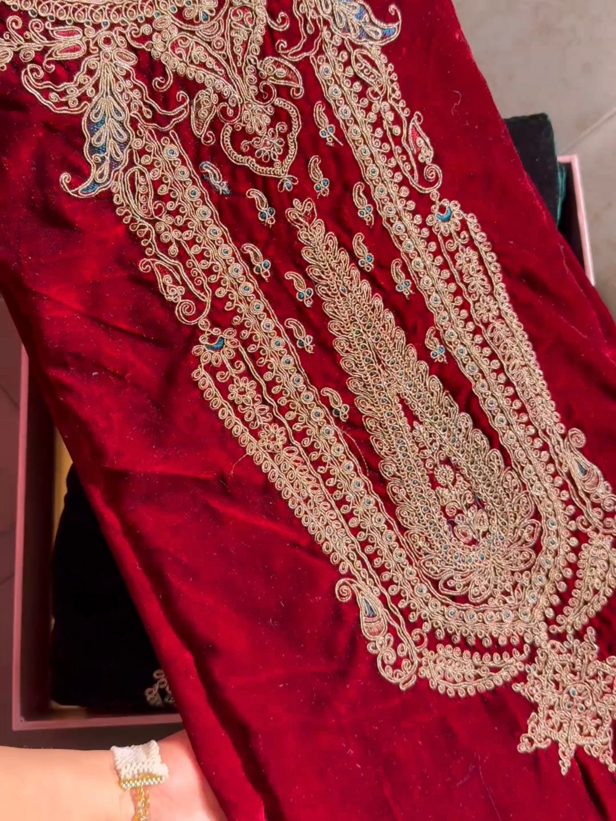 Velvet brocade marori aari work suit