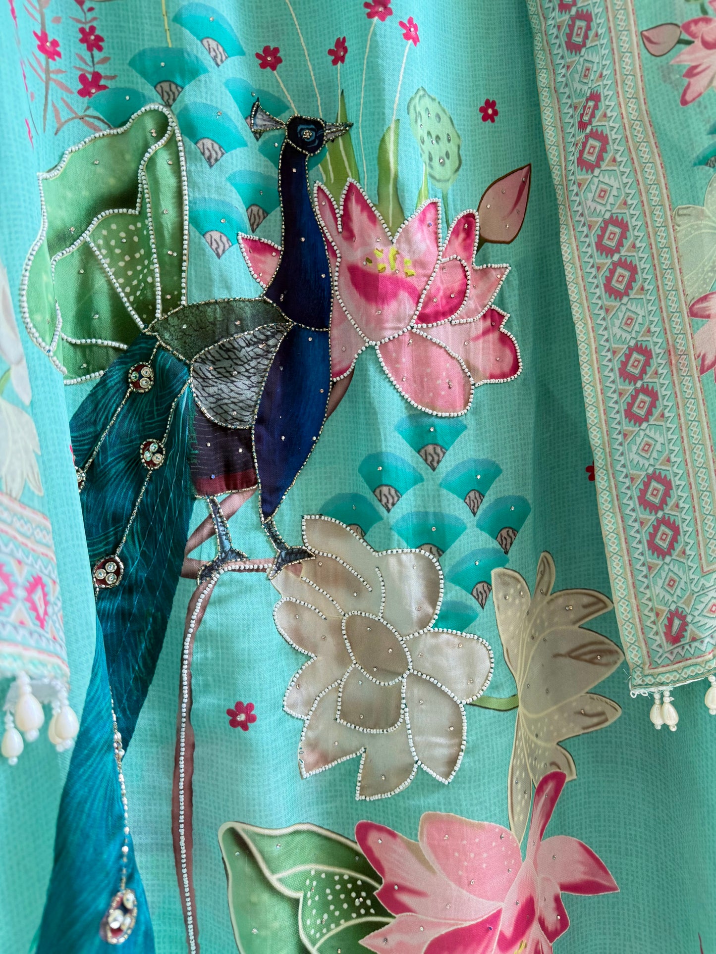 Soft silk peacock hand work suit