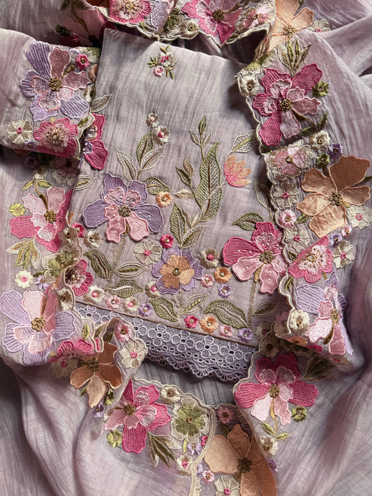 Luxurious Mul chanderi appliqué work floral suit