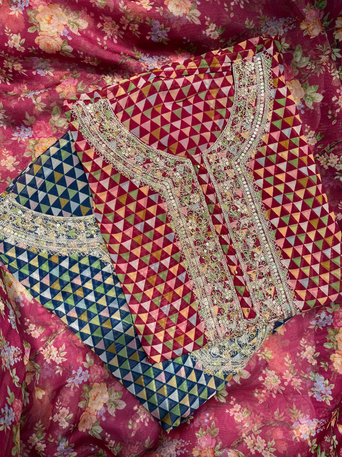 Aari work pearlwork organza suits