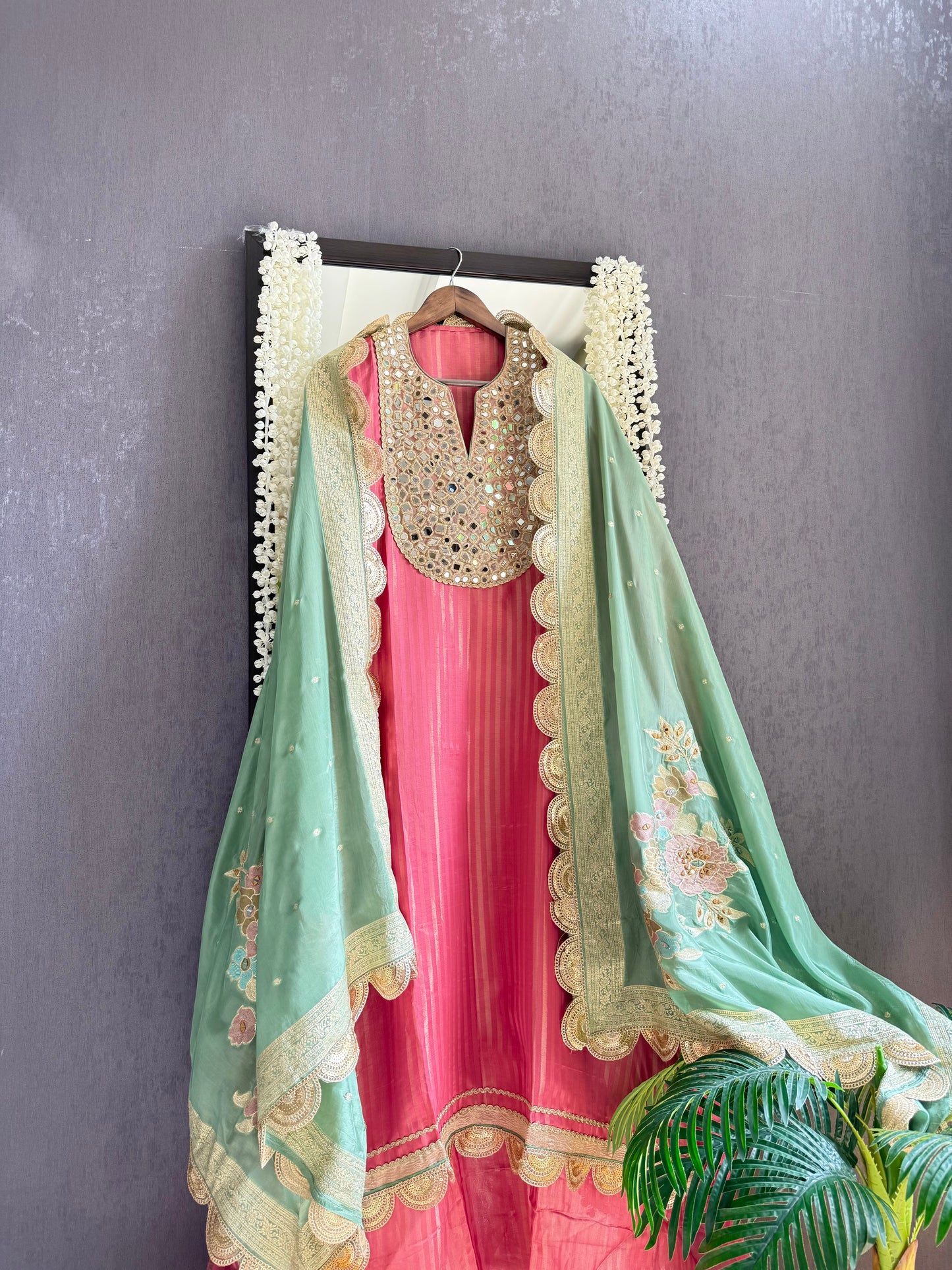 Premium Mirror work tissue benarsi suit