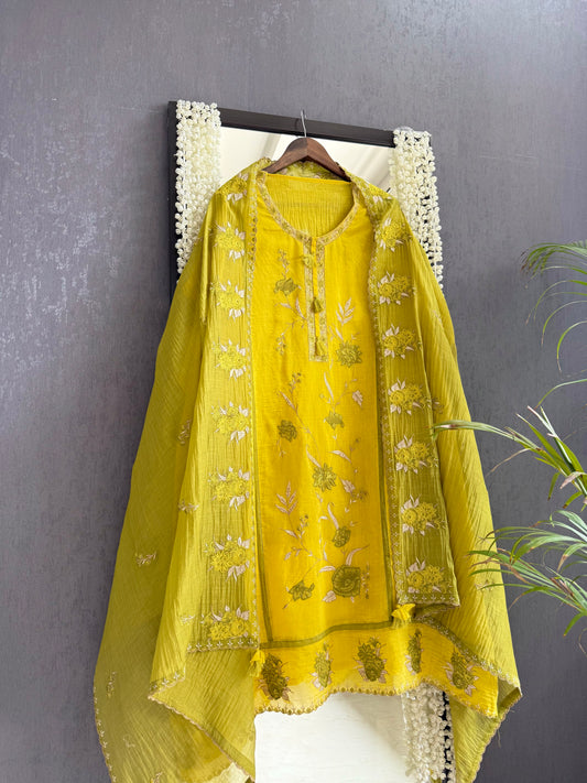 Luxurious Mul chanderi appliqué floral suit