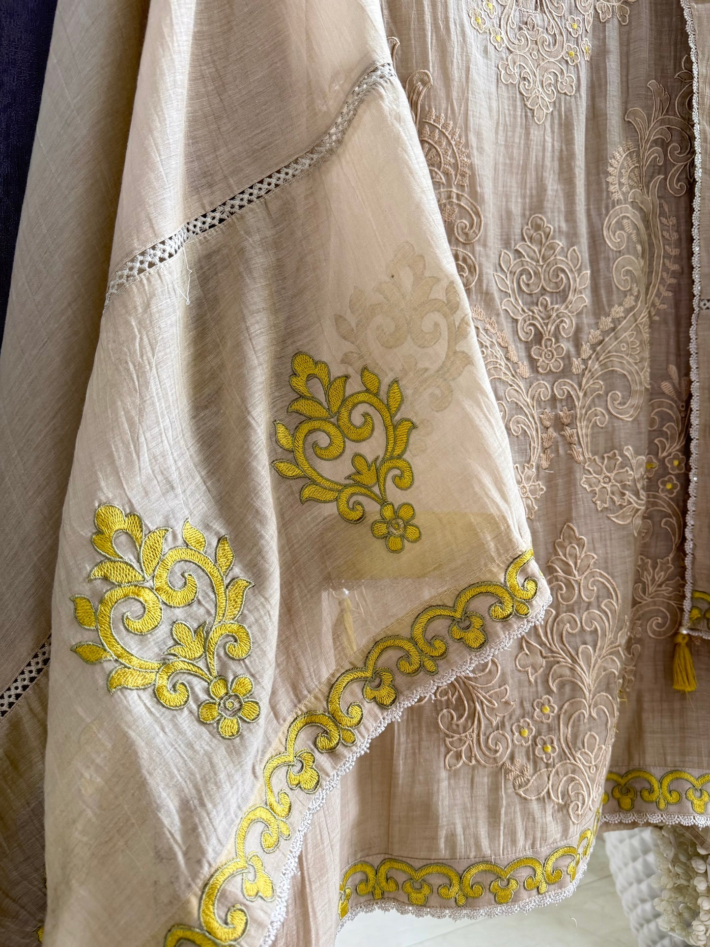 Luxurious Mul chanderi appliqué work suit