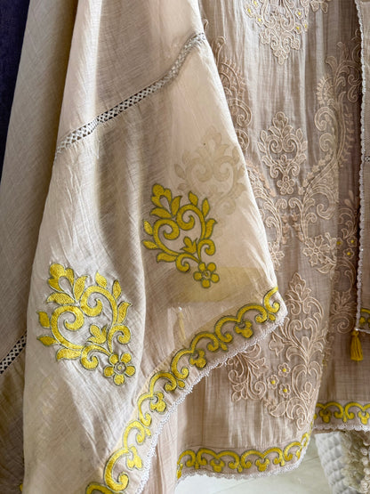 Luxurious Mul chanderi appliqué work suit