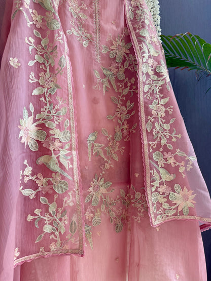 Crush tissue handwork birds and florals suit