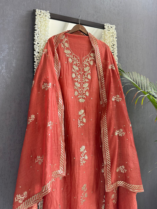 Luxurious Mul chanderi pitta work suit