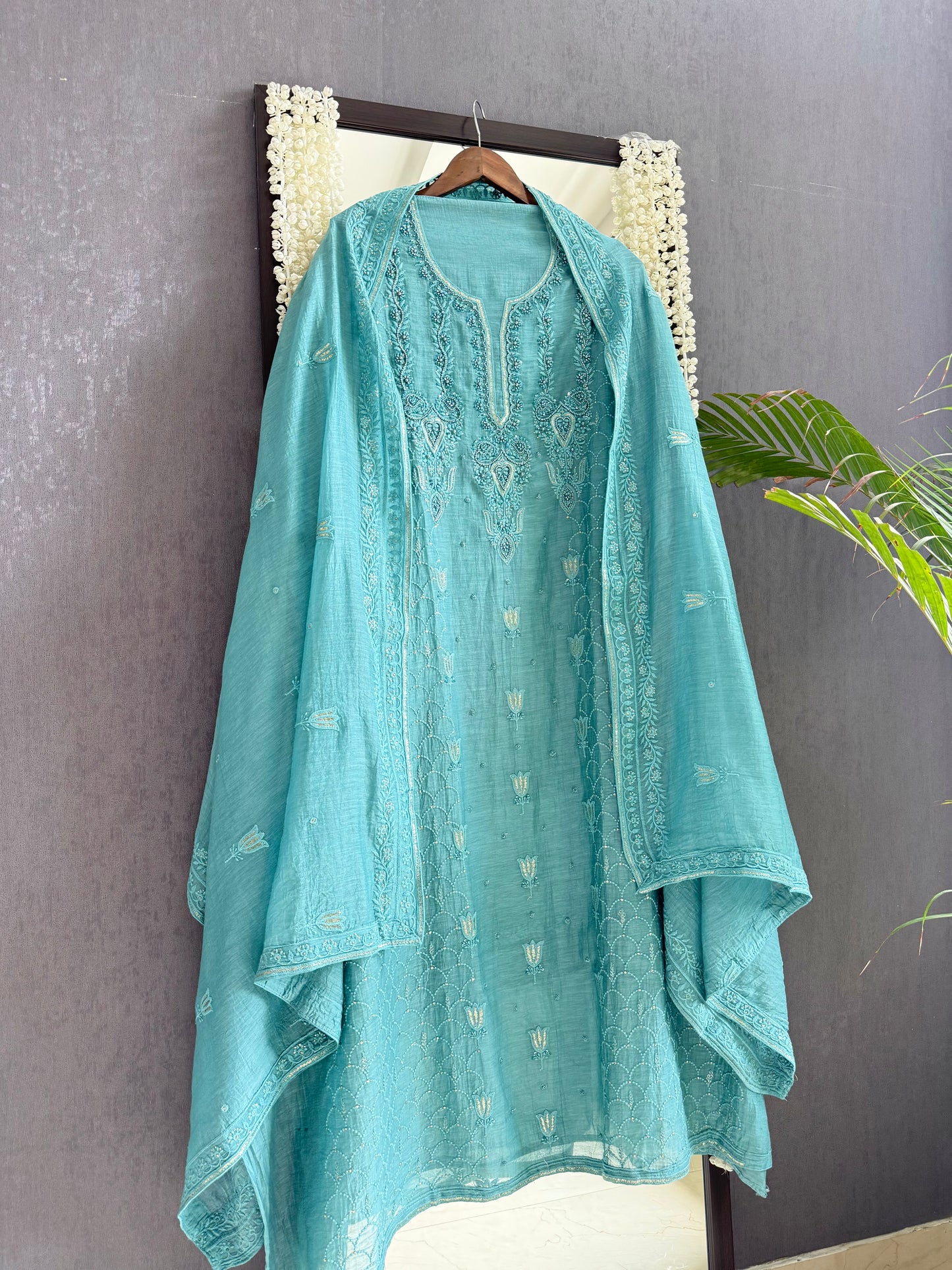 Luxurious Mul chanderi lucknowi tulip and hearts suit