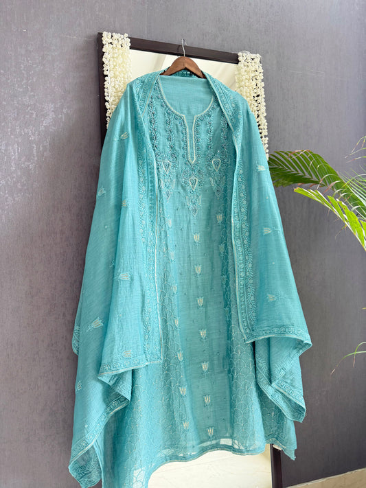 Luxurious Mul chanderi lucknowi tulip and hearts suit
