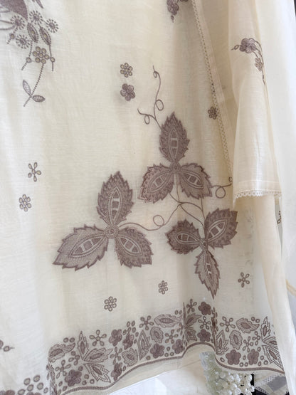 Luxurious Mul chanderi threadwork schiffili suit