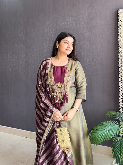 Tissue silk zardozi suit set