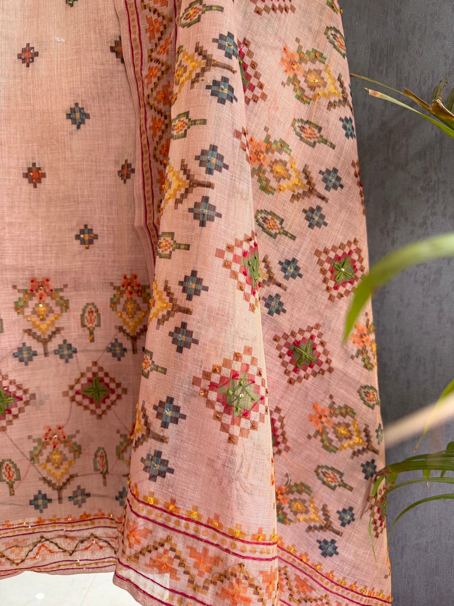 Linen ikkat Frenchknot kantha work suit