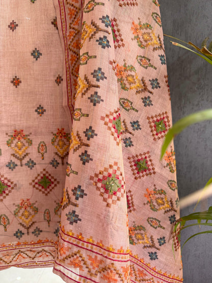 Linen ikkat Frenchknot kantha work suit