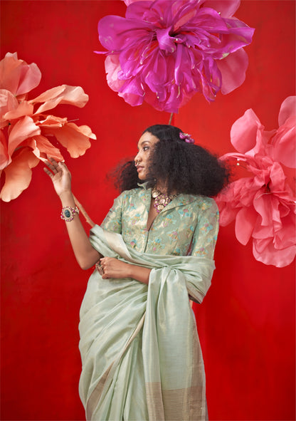 Soft tissue linen brocade saree