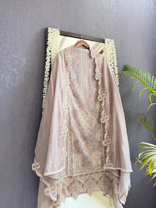 Luxurious Mul chanderi bow crossstitch suit