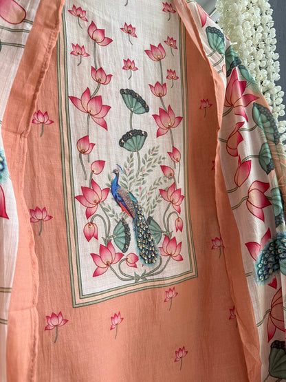 Mulmul cotton deers peacock handwork suit