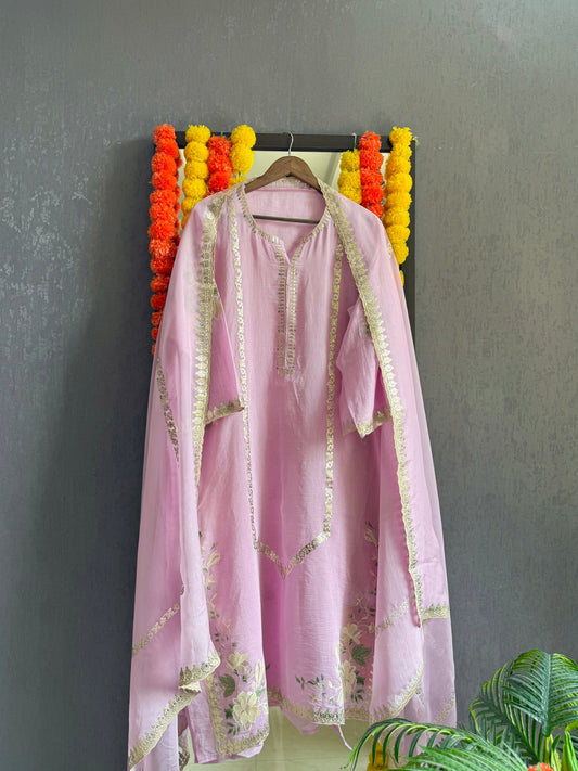 Luxurious Mul chanderi gold appliqué work suit