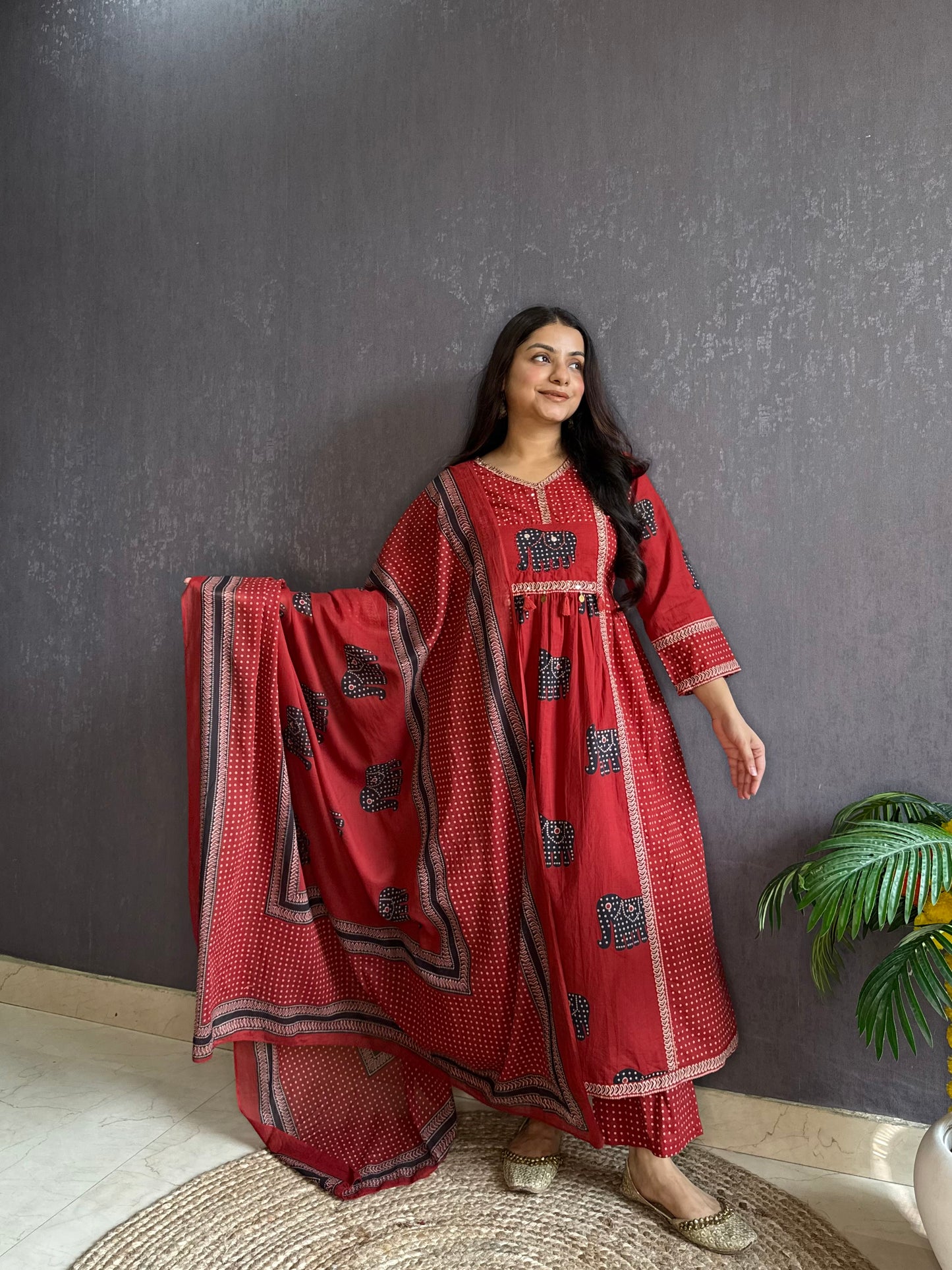 Ajrakh elephants handwork A line suit set