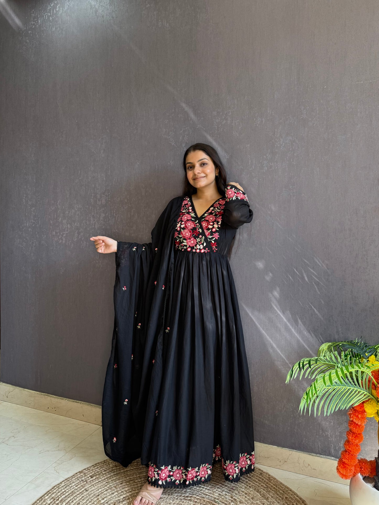 Mal cotton roses embroidered Anarkali