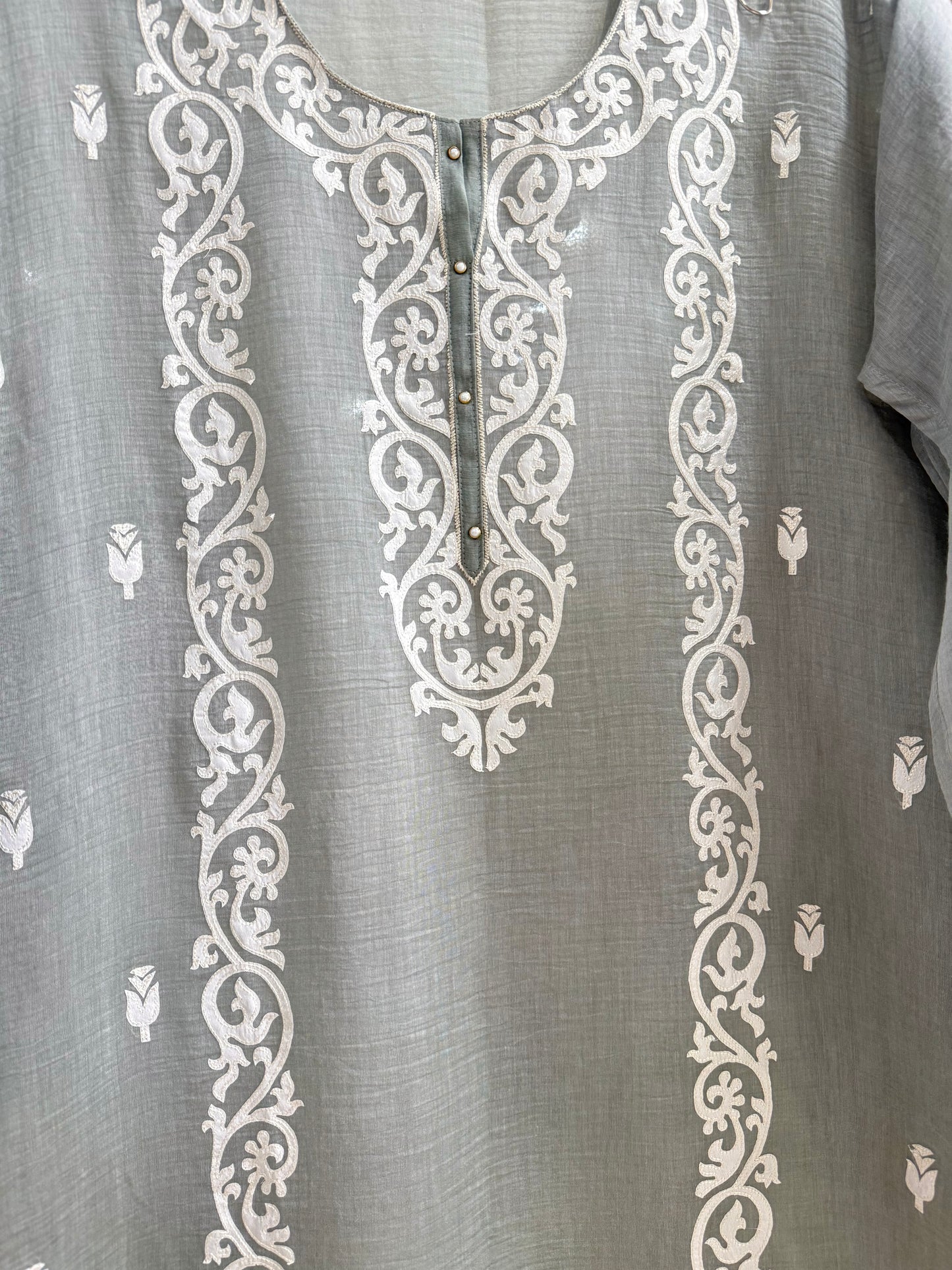 Luxurious Mul chanderi appliqué work suit
