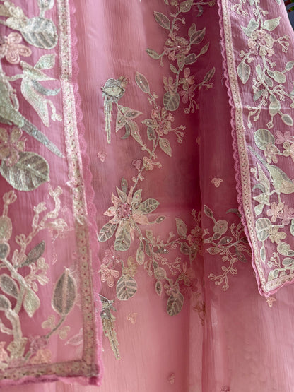 Crush tissue handwork birds and florals suit
