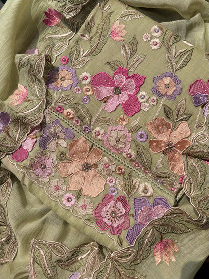 Luxurious Mul chanderi appliqué work floral suit