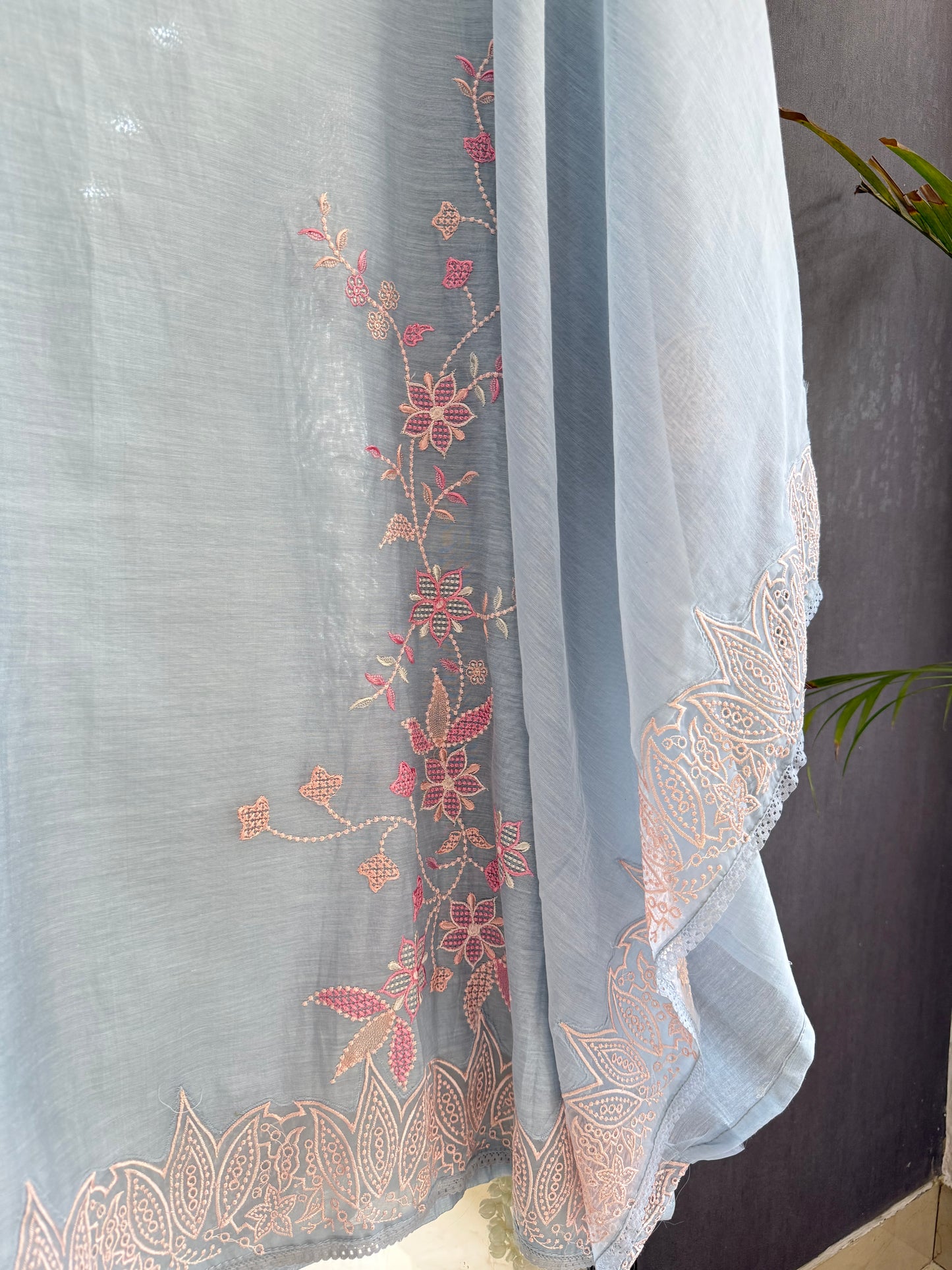Luxurious Mul chanderi threadwork floral schiffili suit