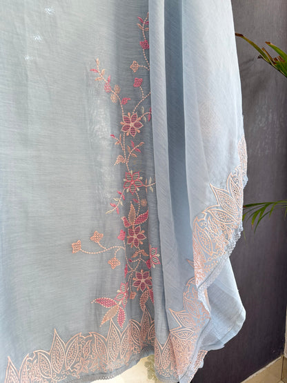 Luxurious Mul chanderi threadwork floral schiffili suit