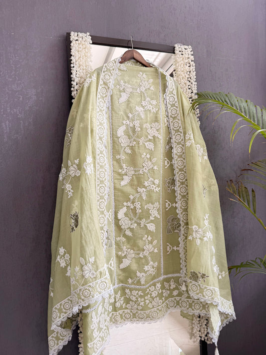 Luxurious Mul chanderi lucknowi birds handwork suit