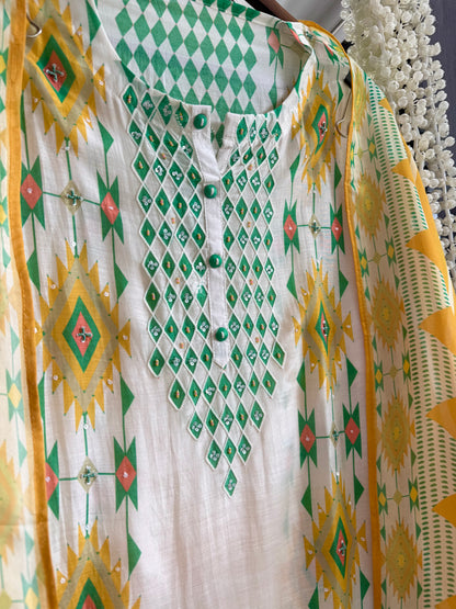 Muslin ikkat inspired handwork suits