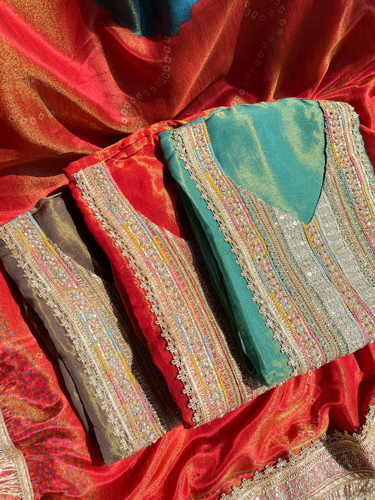 Luxurious zari woven tissue silk suit