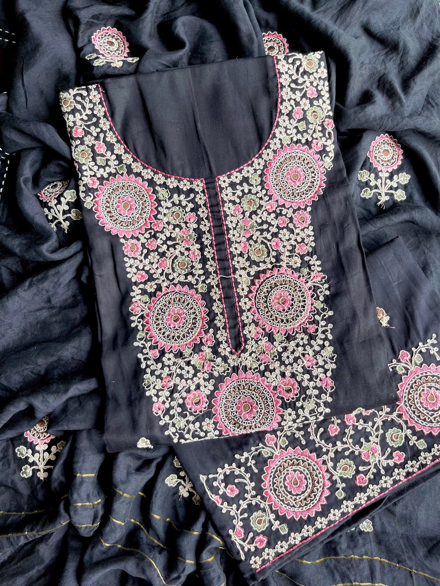 Satin Aari work unstitched suits