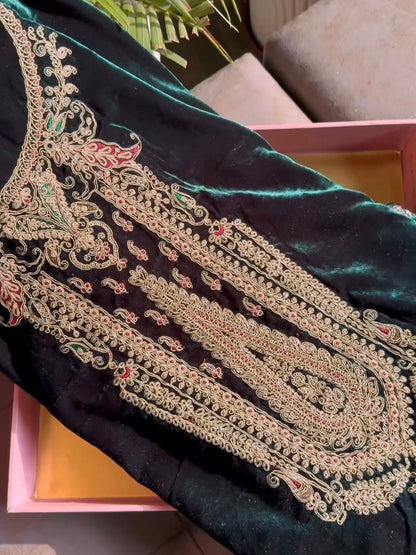 Velvet brocade marori aari work suit