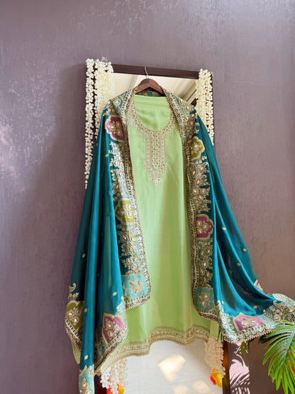 Tissue zari Aari work Meenakari suit