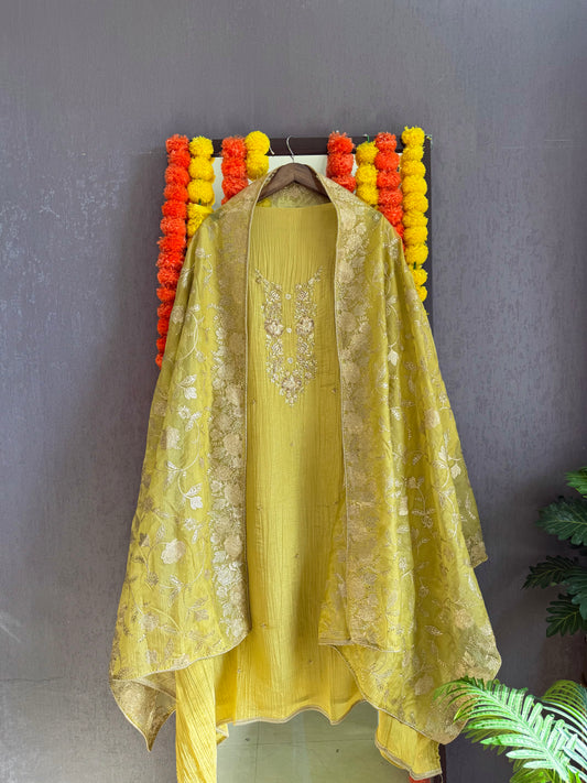 Luxurious crush tissue zardozi embroidered suit