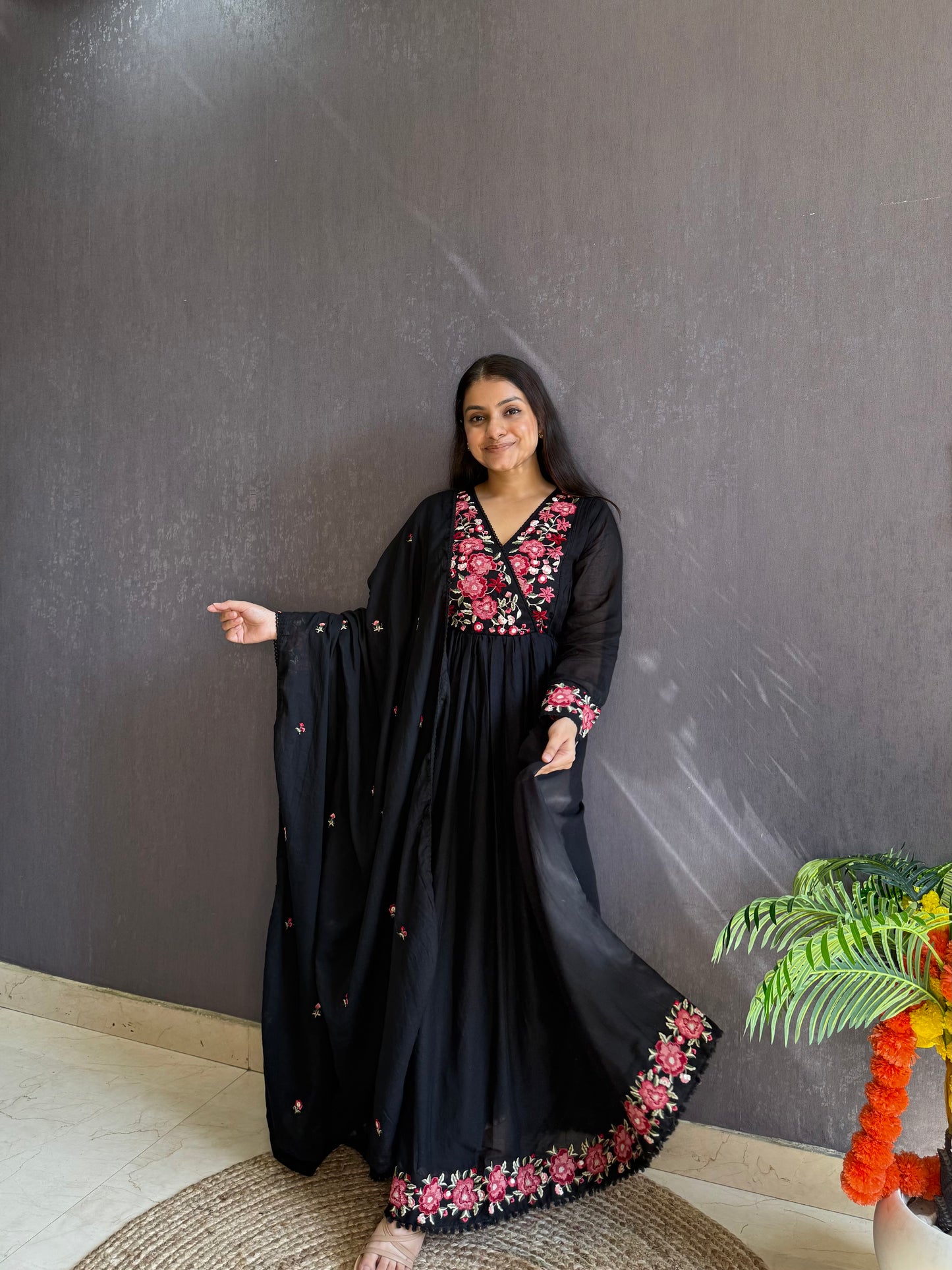 Mal cotton roses embroidered Anarkali
