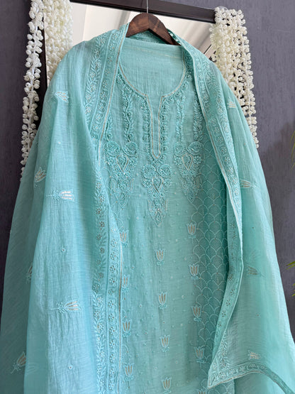 Luxurious Mul chanderi lucknowi lotus and hearts suit