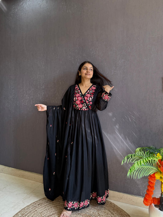 Mal cotton roses embroidered Anarkali