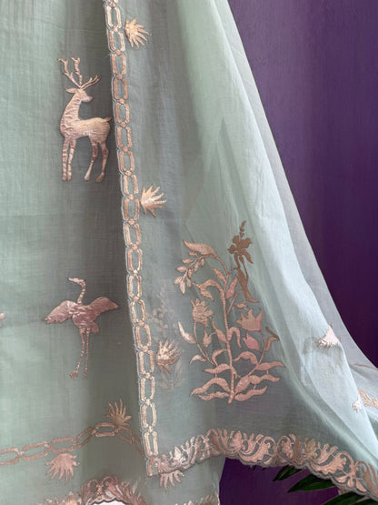 Luxurious Mul chanderi appliqué work suit